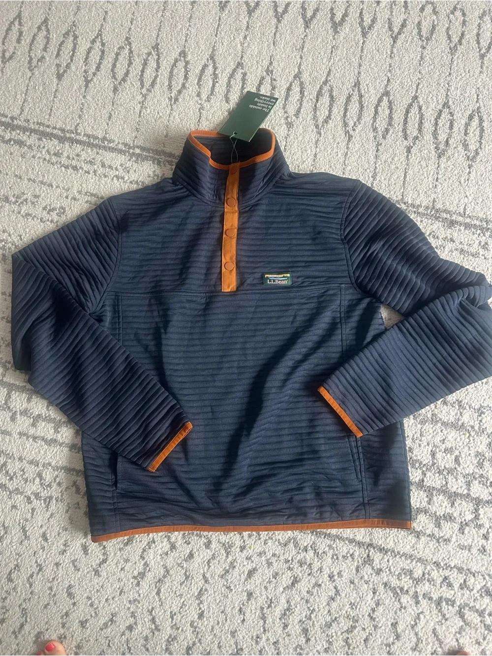NWT L.L. Bean Airlight Navy Pullover with Brown Contrast Trim